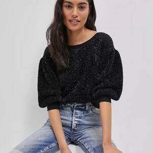 ANTHROPOLOGIE Maeve Pamela Tinsel Shimmer Sweater Black Small S